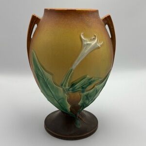 Vintage Art Deco Roseville Thornapple Pottery Vase Double Handle 820-9 Ceramic